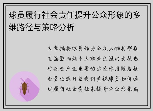 球员履行社会责任提升公众形象的多维路径与策略分析 球员履行社会责任提升公众形象的多维路径与策略分析
